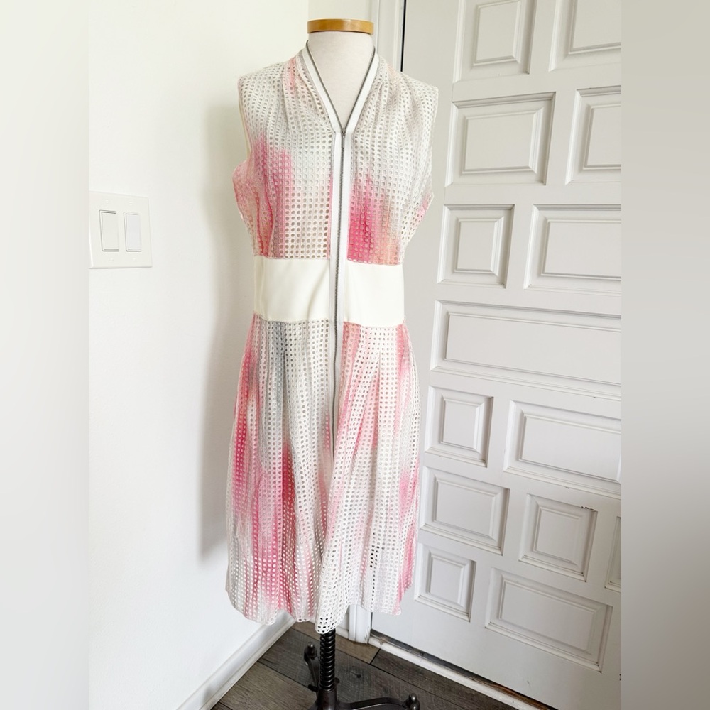 Elie Tahari Cotton Mesh Midi Dress Pink White Gray Sleeveless Designer Size 8